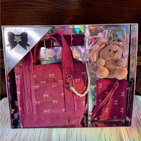 Madden Girl Mini Tote Set โ Bow Embroidery, Bear Charm & Pouch | Gift Ready - Picture 3 of 9